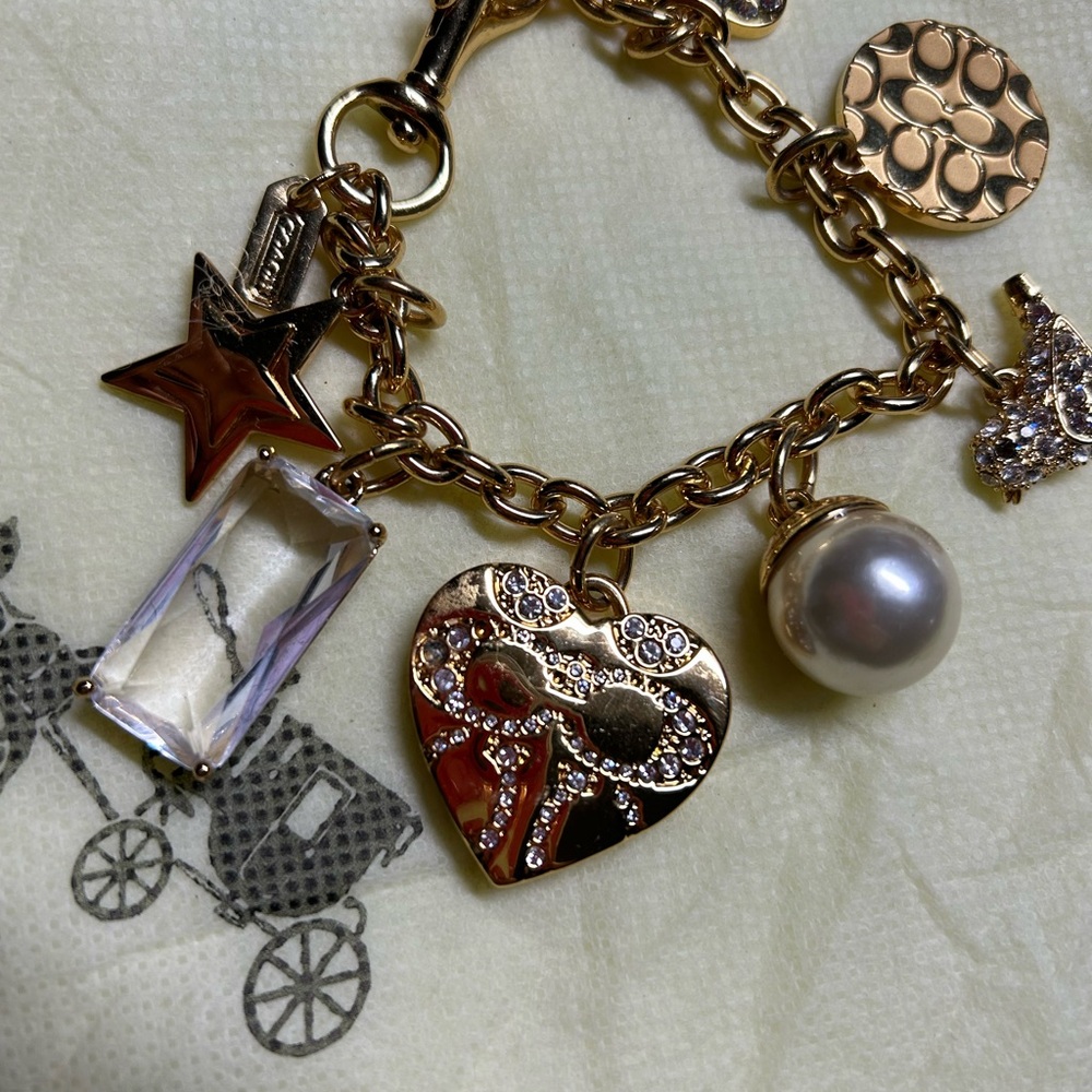 Coach Gold-Tone Charm Bracelet with Pearl, Crystal Baguette & Pave Heart
